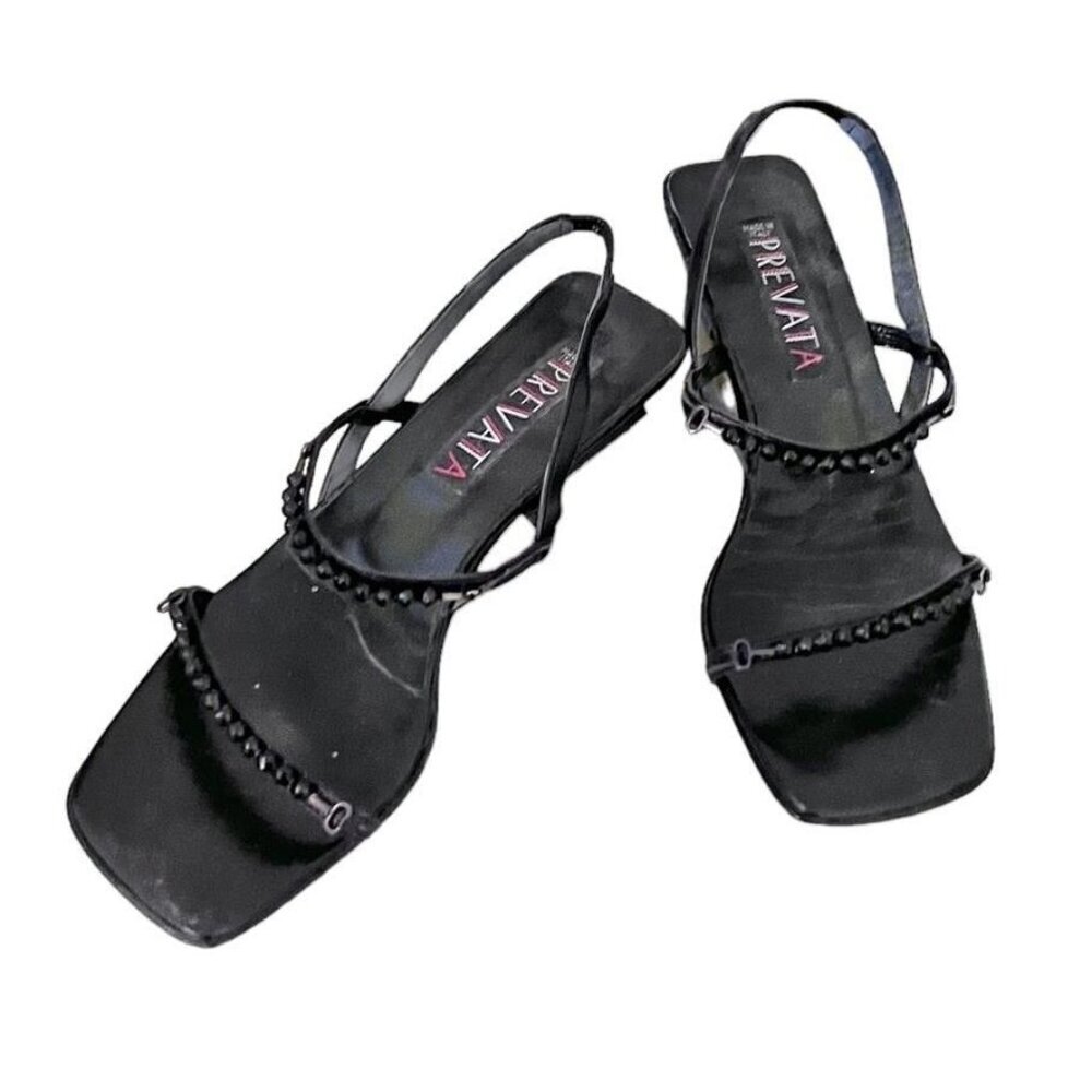 PREVATA ITALIAN LEATHER RHINESTONE EMBELLISHED HEELED MULES SIZE 7